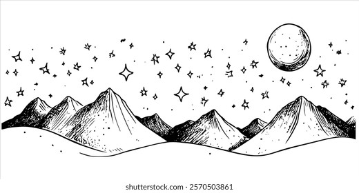 mountain landscape with starry sky and moon hand-drawn illustration