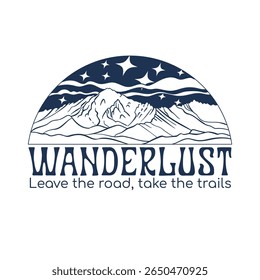 Mountain landscape with starry sky. T-shirt print. Vector hand drawn illustration