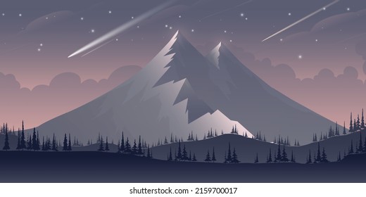 Mountain landscape and stars in the sky. Meteor, gradient mountain silhouette, cartoon mountain vector.