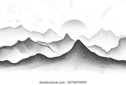 Mountain landscape stipple dots silhouette illustration, noisy and grainy hill texture background