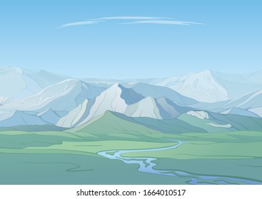 Mountain landscape, stream running through green meadow against the background of snowy mountains, created by imagination in the format of vector graphics.