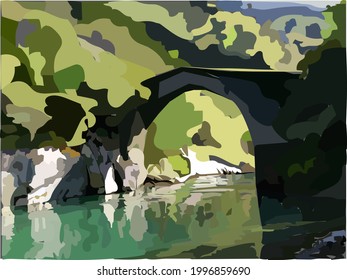 mountain landscape with a sturdy bridge. suitable for wallpaper, art ,backdrops