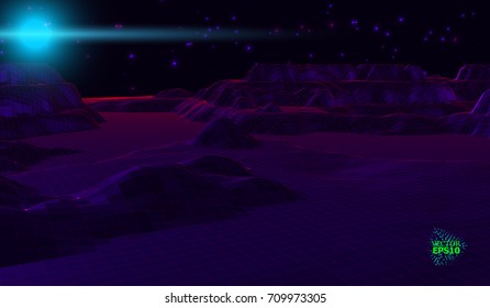  Mountain landscape in the style of wire-frame. The cosmic landscape of another planet