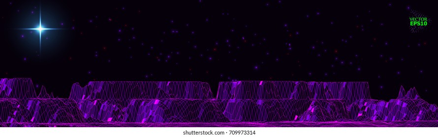 Mountain landscape in the style of wire-frame. The cosmic landscape of another planet