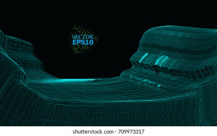 Mountain landscape in the style of wire-frame. The cosmic landscape of another planet