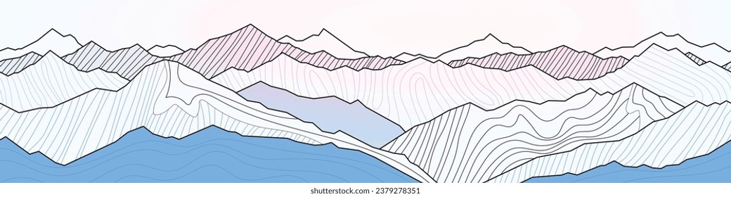 Berglandschaft Stilisierung, Linienhintergrund, nahtlose Grenze, Banner, Nachahmung von Gebirgsketten
