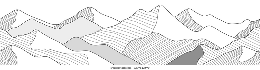 Estilización del paisaje montañoso, papel tapiz de artes de la línea, borde sin fisuras, pancarta, imitación de cordilleras