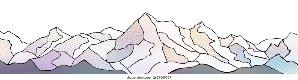 Estilización de paisaje de montaña, Fondo de pantalla de artes lineales, Ilustración vectorial multicolor, Anuncio