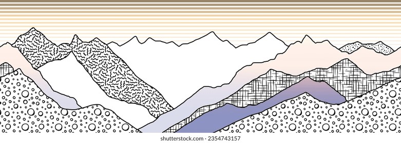 Mountain landscape stylization, seamless border, banner, imitation of mountain ranges, original textures