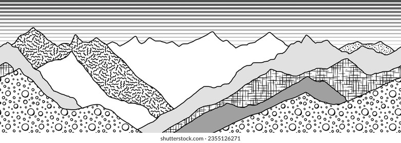 Stilisierung der Berglandschaft, nahtlose Grenze, Banner, Nachahmung von Gebirgsketten, Originaltexturen