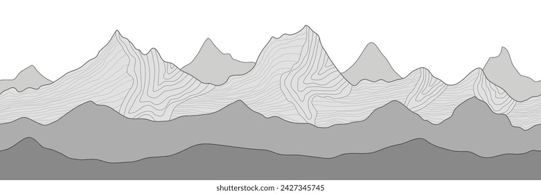 Estilización de paisaje de montaña, borde sin fisuras, bandera, imitación de cadenas montañosas