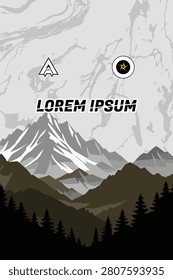 Mountain Landscape with stylized illustration depicts a majestic mountain range with layered peaks, evergreen trees in the foreground, and a marbled sky above.