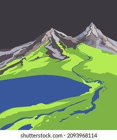 Paisaje montañoso. Imagen estilizada de montañas, pradera verde, lago de montaña y río, ilustración vectorial plana