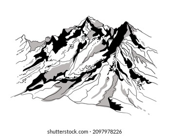 Paisaje montañoso. Imagen estilizada de las montañas dibujada por puntos y líneas. Ilustración vectorial plana.