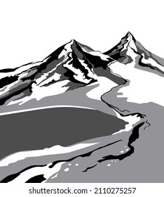 Mountain landscape. Stylized image of mountains, meadows, mountain lake and river. Black and white vector illustration.
