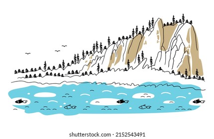 Mountain landscape. Stylized image of mountains, forests and rivers with fish. Vector.