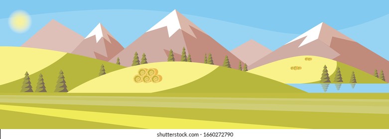 Mountain landscape. Summer  Autumn vector illustration. fields landscape with a dawn, green hills, bright color blue sky, country background in flat cartoon style banner.