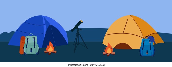 Paisaje montañoso. Ilustración vectorial de camping de verano. Tienda, incendio y naturaleza, fondo editable