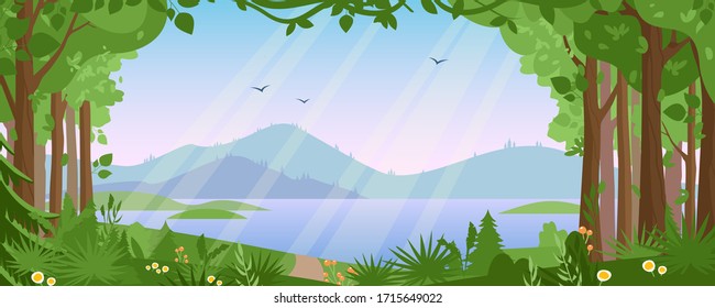 Mountain landscape with summer forest vector illustration. Cartoon flat countryside beautiful nature with green trees, river lake water, silhouettes of mountains. Summertime panoramic view background