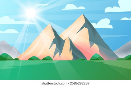 Mountain landscape. Summer nature. Sunny day. Rock peaks. Ridge scenery. Forest trees. Hiking travel. Green hills meadow. Sun beams. Sky clouds. Sunlight rays. Scenic wild panorama. Vector background