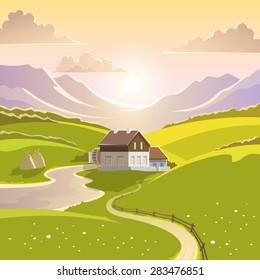 Mountain landscape with summer sun green meadow and country house vector illustration