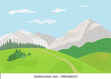 Mountain landscape. Summer valley view.  Nature background for print, site. Vector illustration.
