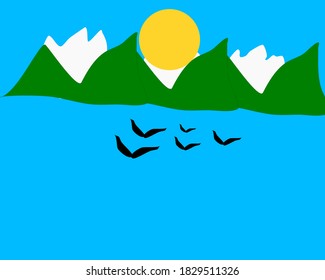 mountain landscape with sun and bird