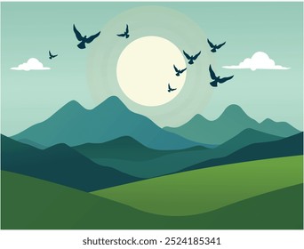 Mountain landscape with Sun and Birds, vector illustration. landscape design with mountains, hills, sunset, birds. Vector abstract art landscape mountain with birds and sunrise sunset.