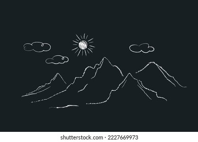 Mountain landscape, Sun,  clouds - doodle drawings are drawn by child's hand in chalk on the asphalt or on the school blackboard. White lines on black blue background