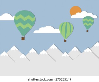 Mountain landscape with sun, clouds, and hot air balloons