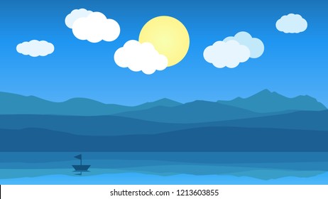Mountain landscape with sun and clouds, sailing boat on the river with reflection.
