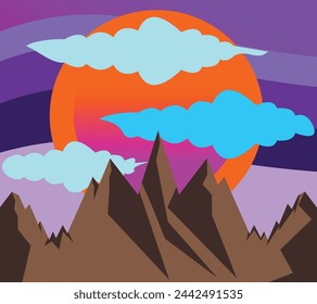 Mountain landscape with sun and clouds. Vector illustration in flat style