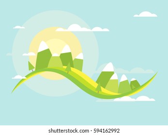Paisagem de montanha com sol . ilustração vetor plana
