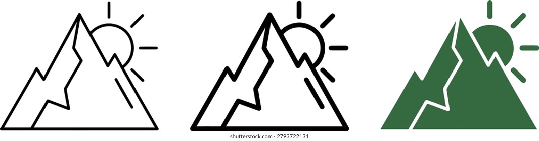 Mountain landscape sun icons in multiple styles with mountain landscape adventure climbing illustration environment minimalist collection location exploration topography altitude sunshine