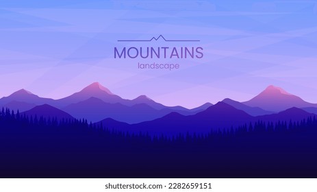Mountain landscape. The sun illuminates the tops of the mountain ranges. Mountains and trees in the evening twilight. Bright colors of the sky. Vector illustration. Banner, background, cover design.
