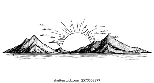 mountain landscape with sun rising over peaks hand-drawn illustration