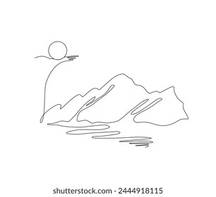 Mountain landscape, sun and sea one continuous line drawing Vector travel minimalist concept. Linear art scene, nature, outline design, black contour, adventure design for posters, logo illustration.