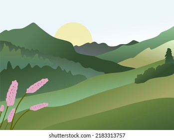 Mountain landscape. Landscape. The sun is at sunset or sunrise. Space for text. Rectangular vector graphics