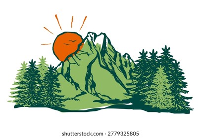 Mountain Landscape with Sun and Trees Illustration