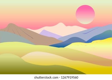 Mountain landscape, sunrise, abstract flat design.