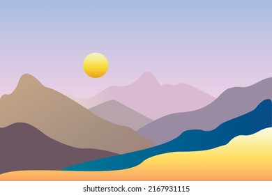 Mountain landscape, sunrise. Abstract flat design. Vector illustration. Poster, travel, spring.