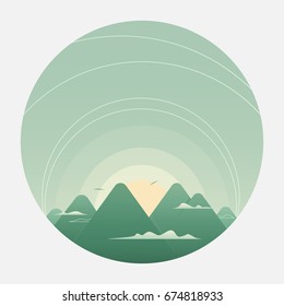 Mountain landscape at sunrise in circle