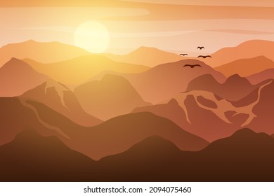 Mountain landscape with sunrise in morning. vector illustration
