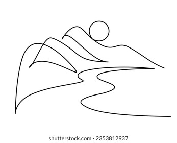 Mountain landscape sunrise or sunset. Continuous one line drawing minimalistic style. Mountains, river and sun. Travel and tourism sign.