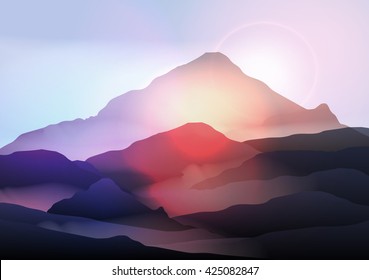 Mountain Landscape at Sunrise - Vector Illustration