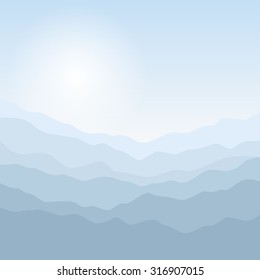Mountain Landscape at Sunrise, View of the Mountains  in the Morning, Waves in Shades of Blue , Vector Illustration
