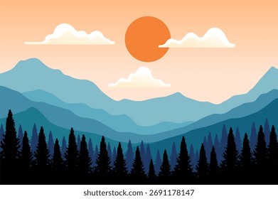 Paisaje de montaña Puesta de sol plana Ilustración