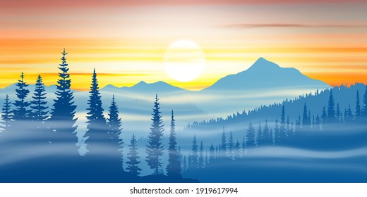 Mountain landscape at sunset, fog and forest