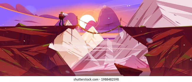 Mountain landscape at sunset with hiker man and suspension bridge over precipice between cliffs. Vector cartoon illustration of snow rocks, wooden rope bridge over abyss and tourist with backpack