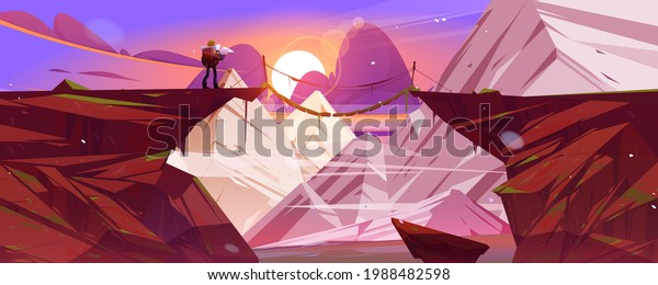 Mountain landscape at sunset with hiker man and\
suspension bridge over precipice between cliffs. Vector cartoon\
illustration of snow rocks, wooden rope bridge over abyss and\
tourist with backpack